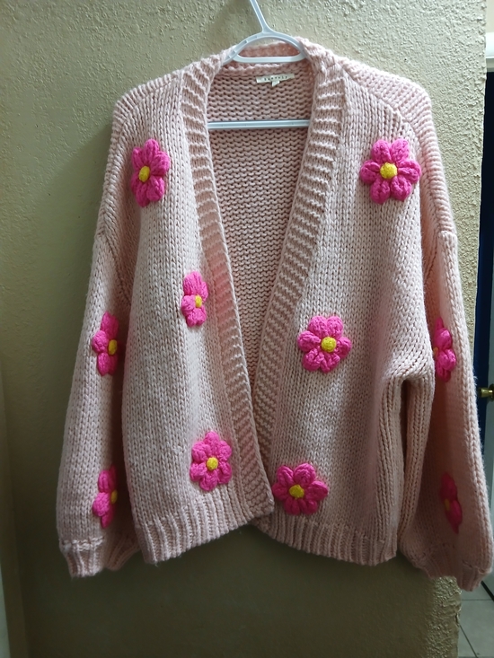 Baevely Sweaters - Pink Floral Appliqué Open-Front Cardigan Sweater